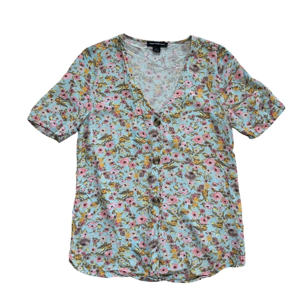 Something Navy Floral Button Front Blouse Short Sleeve V-Neck Blue Small‎ boho
